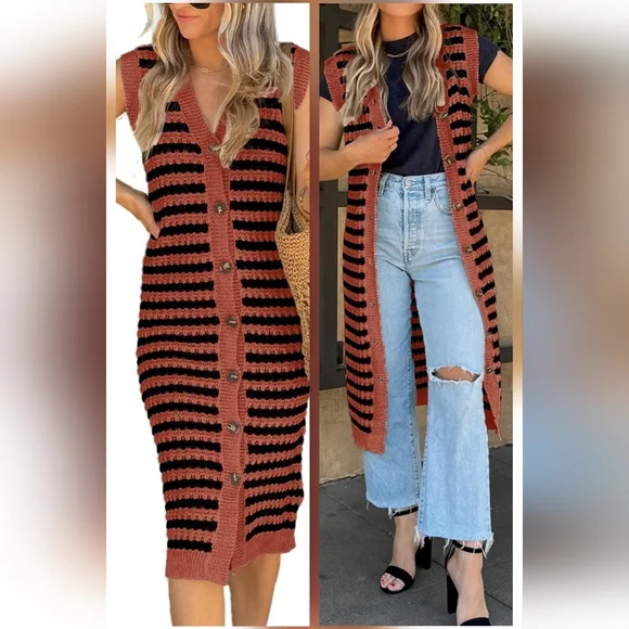 NWOT Striped Black and Rust Button-Down Knit Cardigan - Picture 1 of 7